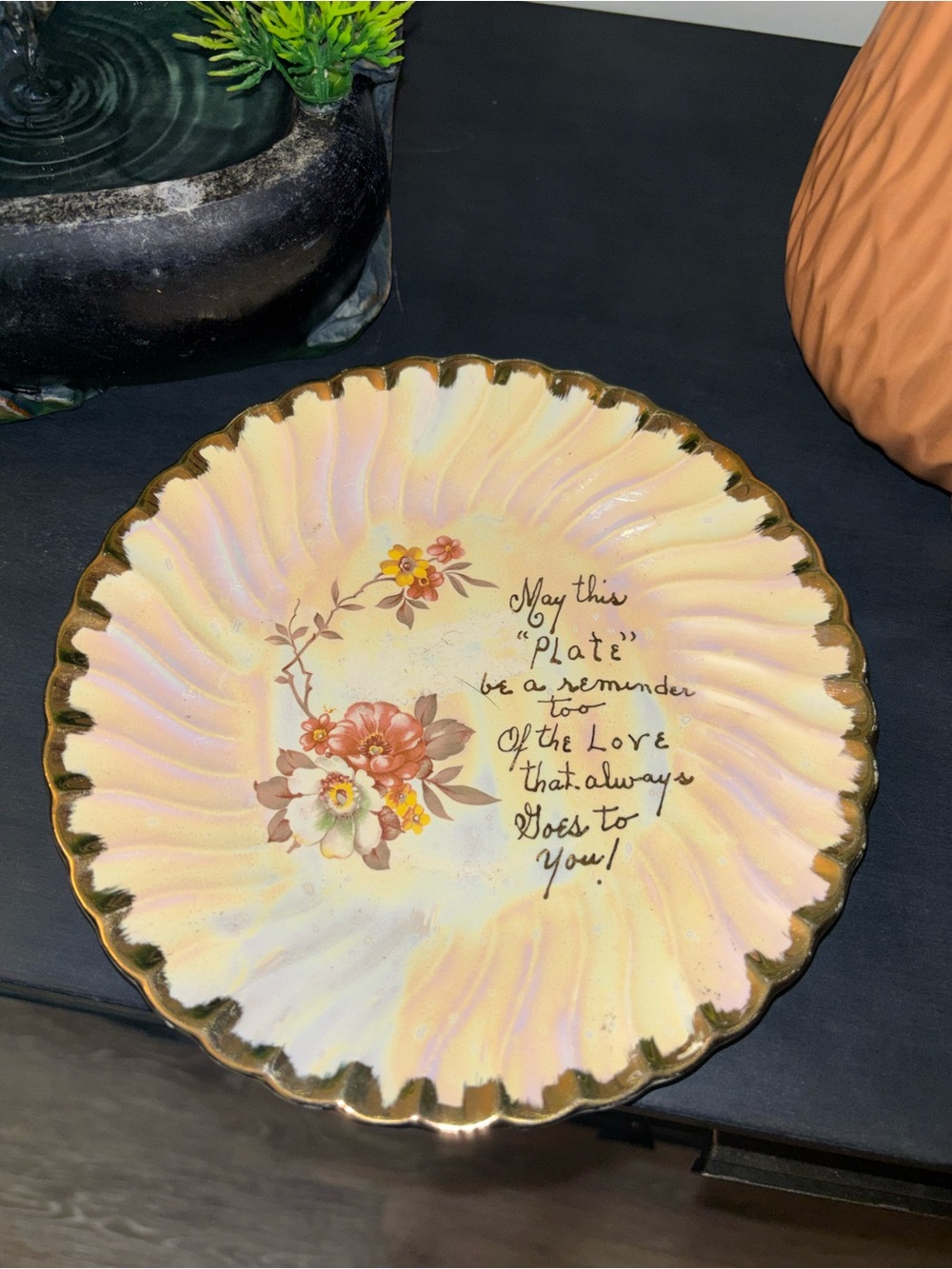 Vintage Inspirational Quote Decorative Plate Scalloped Edge and iridescent glow